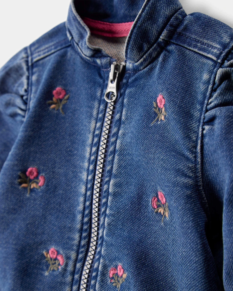 Baby Floral Denim Embroidery Zip-Up Jacket - Utility Blue Wash