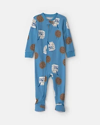 Toddler Boy 1-Piece Milk & Cookies 100% Cotton Snug Fit Footed Pajama - Blue
