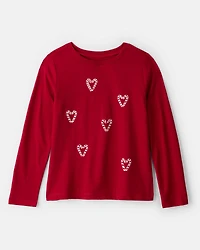 Girls Candy Cane Heart Print Long-Sleeve Graphic Tee - Red