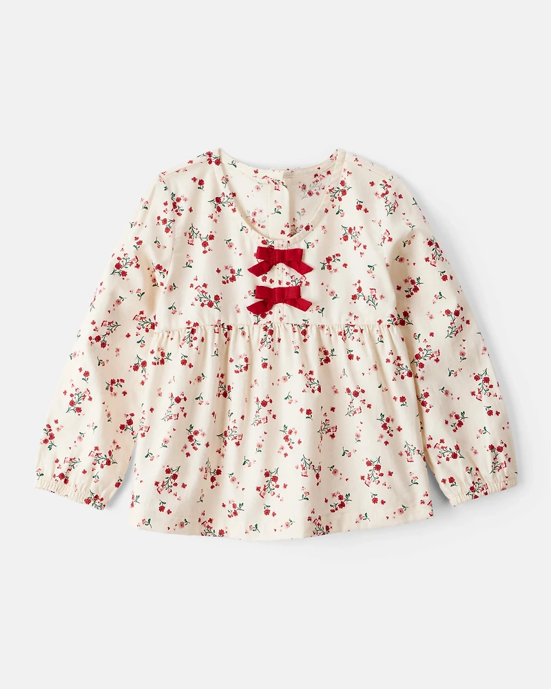Toddler Girl Floral Print 100% Cotton Long-Sleeve Top - Ivory