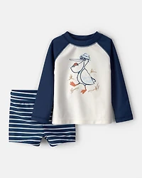 Baby Boy 2-Piece Pelican Long-Sleeve Rashguard Swimsuit Set - Navy/White