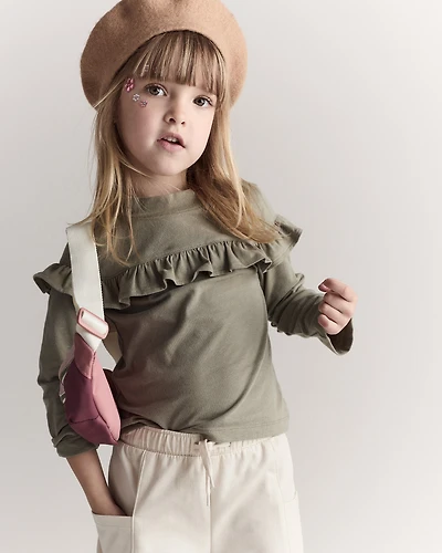 Toddler Girl Mock Neck Ruffle Top - Olive