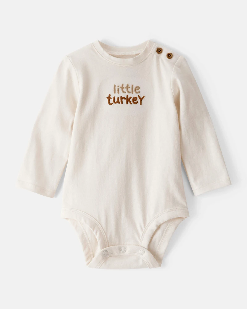 Baby Little Turkey Cotton Long-Sleeve Graphic Bodysuit - White
