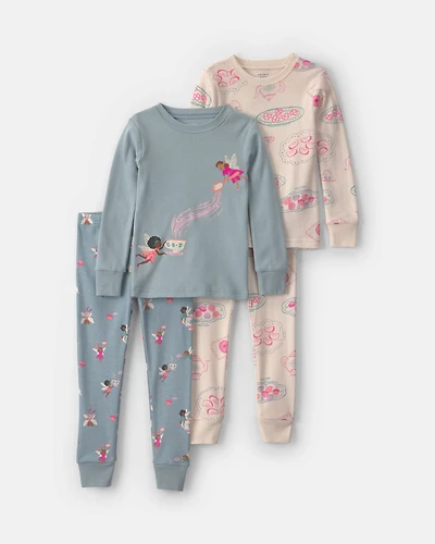 Baby Girl 4-Piece Fairy Tea Party 100% Cotton Snug Fit Pajama Set - Blue/Cream
