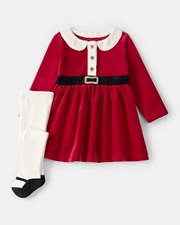 Baby Girl 2-Piece Santa Christmas Holiday Sweater Dress & Tights Set - Red