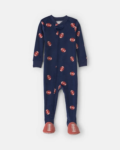 Toddler Boy 1-Piece Football DreamPlush Snug Fit Footed Pajama - Navy Blue
