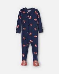 Toddler Boy 1-Piece Football DreamPlush Snug Fit Footed Pajama - Navy Blue