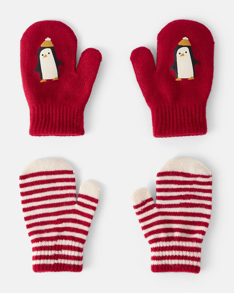 Toddler Boy 2-Pack Penguin Striped Winter Mittens - Red