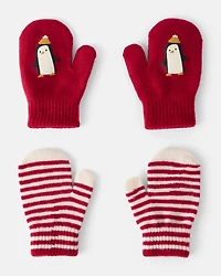 Toddler Boy 2-Pack Penguin Striped Winter Mittens - Red