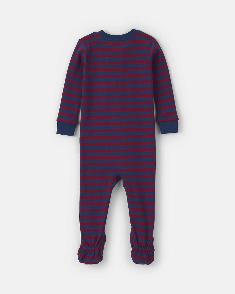 Toddler Boy 1-Piece Dog Striped 100% Cotton Snug Fit Footed Pajama - Burgundy/Blue