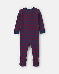 Toddler Boy 1-Piece Dog Striped 100% Cotton Snug Fit Footed Pajama - Burgundy/Blue