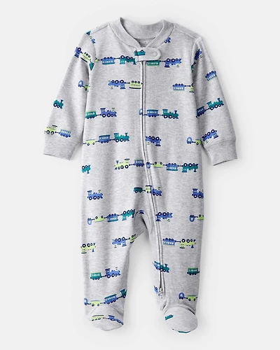 Baby Boy Train Cotton Long-Sleeve Snug Fit Sleep & Play Pajamas - Grey