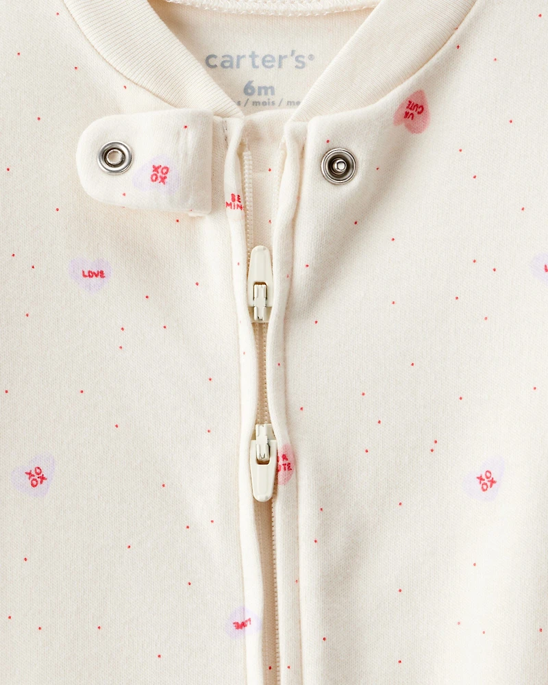 Baby Girl Valentine's Day Candy Heart 100% Cotton Snug Fit 2-Way Zip Sleep & Play Pajamas - Cream