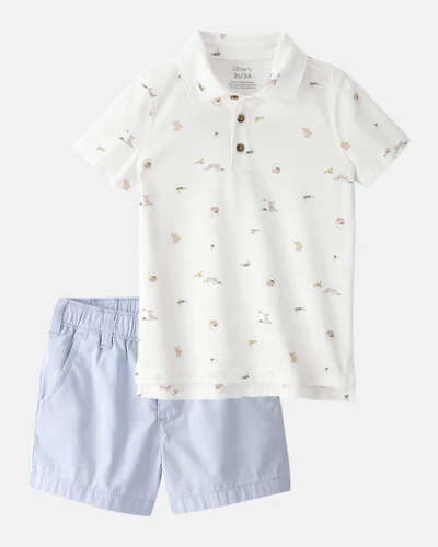Toddler Boy 2-Piece Polo Shirt & Short Set - White/Blue