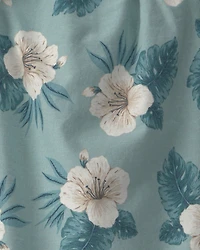 Toddler Girl 2-Piece Linen Top & Short Set Made with Organic Cotton in Blue Hibiscus