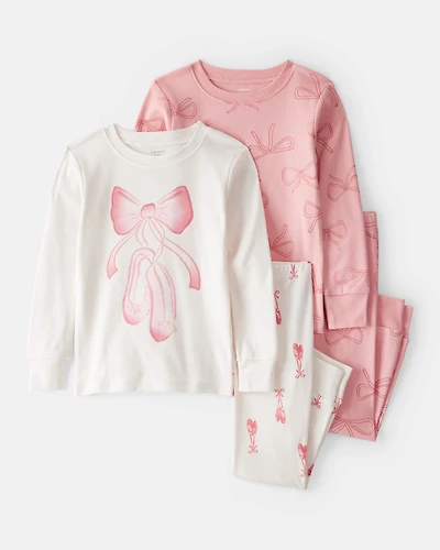 Toddler Girl Ballet Print 100% Cotton Long-Sleeve 4-Piece Pajamas - Pink/White