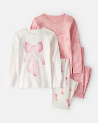 Toddler Girl Ballet Print 100% Cotton Long-Sleeve 4-Piece Pajamas - Pink/White