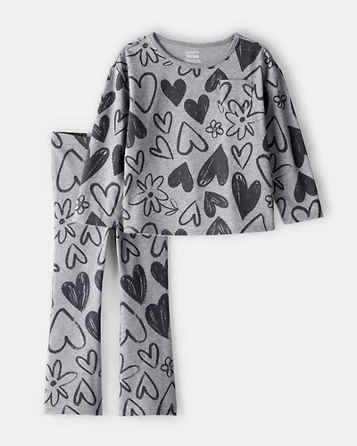 Toddler Girl 2-Piece Heart Print Top & Flare Stretch Leggings Set - Grey