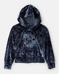 Girls Heart Embroidered Hooded Velour Top - Blue