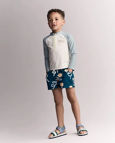 Toddler Boy Swim Trunk in Floral Print - Teal