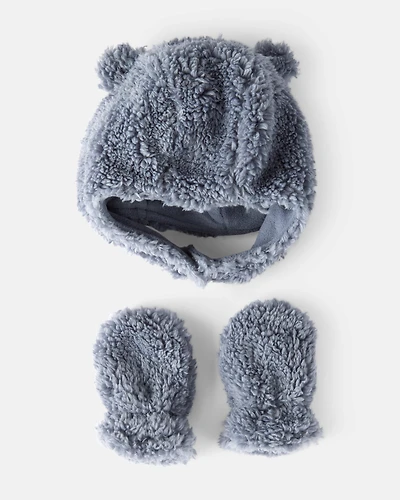 Baby Boy Sherpa Winter Hat & Mittens Set - Blue