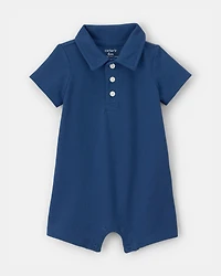 Baby Boy Pique Polo Short-Sleeve Romper - Navy Blue