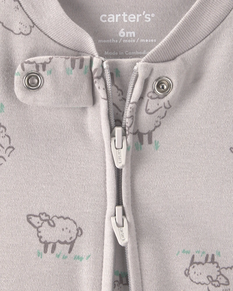Baby Sheep 100% Cotton 2-Way Zip Sleep & Play Pajamas - Grey