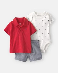 Baby Boy 3-Piece Anchor Polo Outfit Set - Red/Blue/White