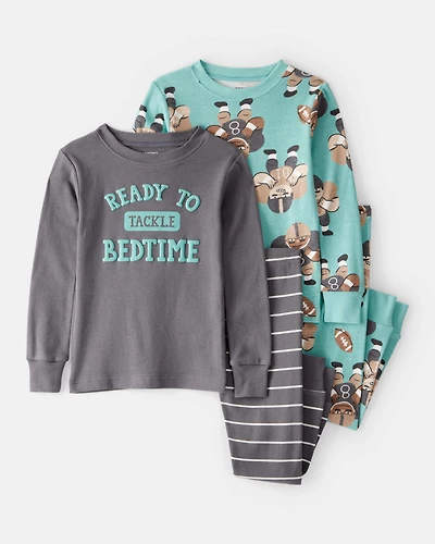 Toddler Football Print 100% Cotton Long-Sleeve Snug Fit 4-Piece Pajamas - Blue