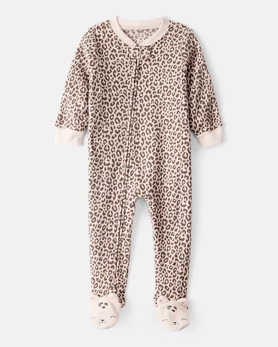 Baby Girl Leopard Fleece Long-Sleeve Loose Fit 1-Piece Pajamas - Brown