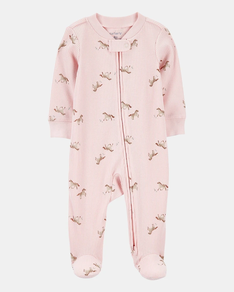 Baby Girl Horse Print 2-Way Zip Ribbed Sleep & Play Pajamas - Pink