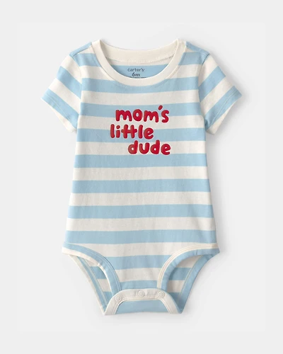 Baby Boy 'Mom's Little Dude' Striped Graphic Bodysuit - Blue/Ivory