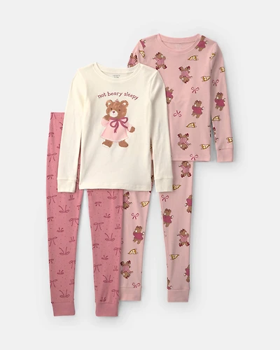 Girls 4-Piece Varsity Bear 100% Cotton Snug Fit Pajama Set - Pink/Cream