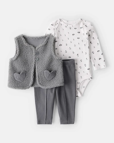 Baby Girl 3-Piece Sherpa Vest Outfit Set - Grey