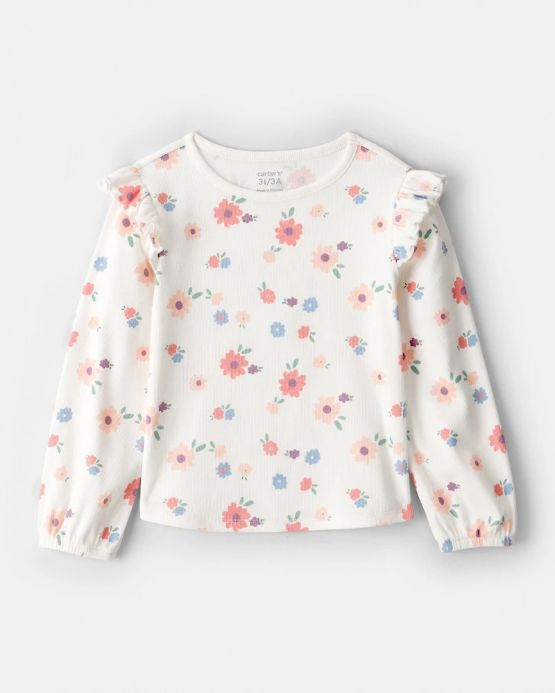 Toddler Girl Floral Cotton Ruffle Long-Sleeve Top - White