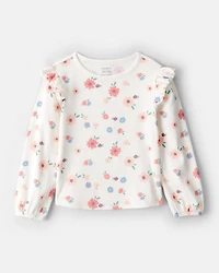 Toddler Girl Floral Cotton Ruffle Long-Sleeve Top - White
