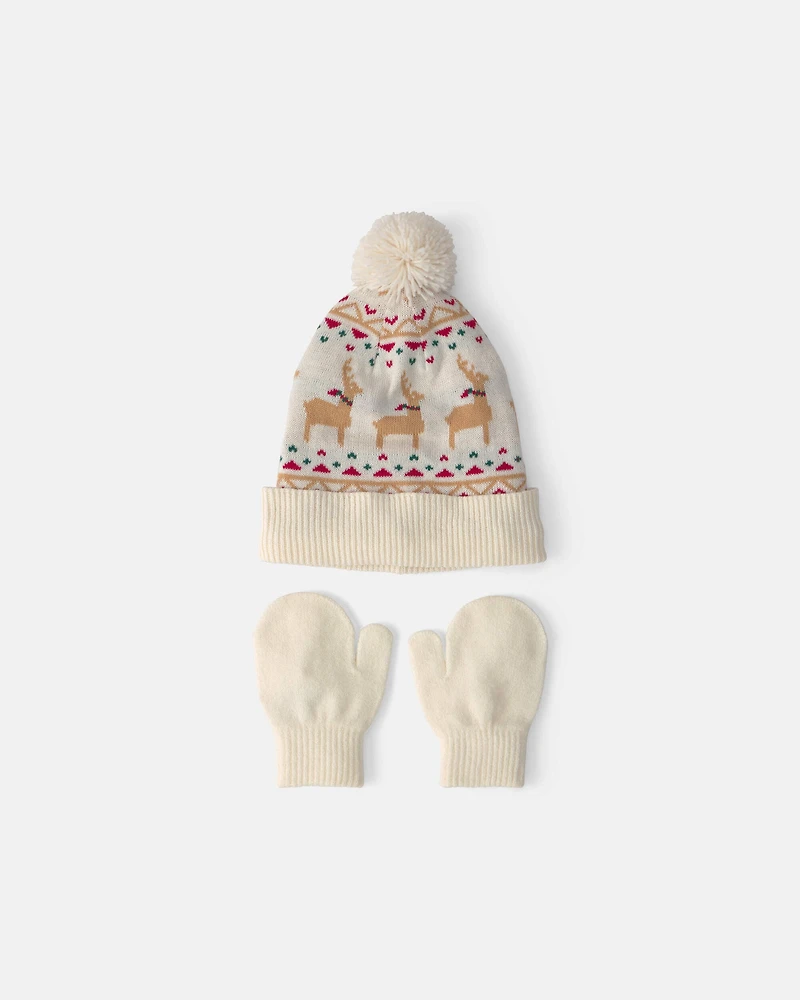 Toddler 2-Piece Fair Isle Christmas Beanie & Glove Set - Cream