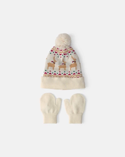 Toddler 2-Piece Fair Isle Christmas Beanie & Glove Set - Cream