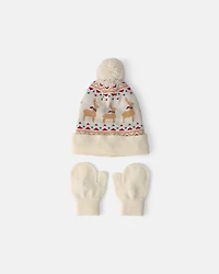 Toddler 2-Piece Fair Isle Christmas Beanie & Glove Set - Cream