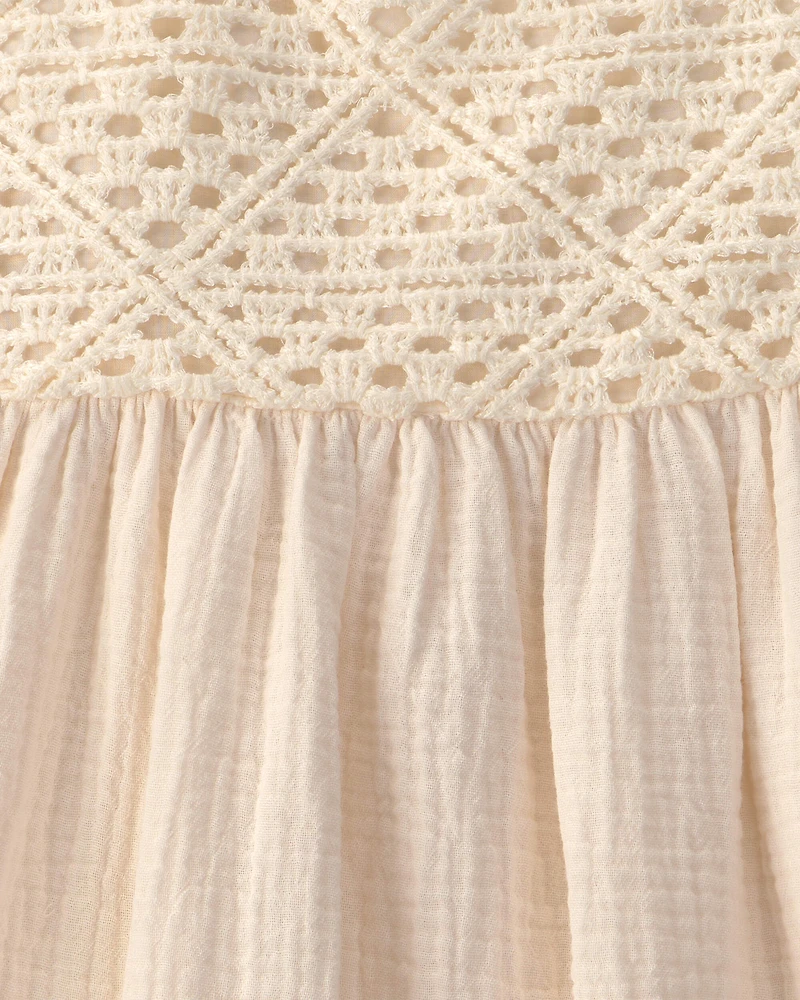 Toddler Girl Crochet Gauze Dress - Ivory