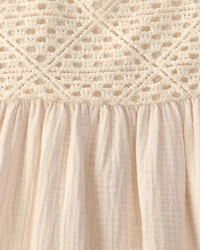 Toddler Girl Crochet Gauze Dress - Ivory