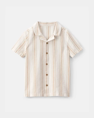 Boys Linen Striped Short-Sleeve Button-Down Shirt - Tan/Ivory