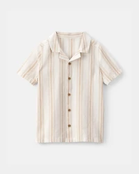 Boys Linen Striped Short-Sleeve Button-Down Shirt - Tan/Ivory