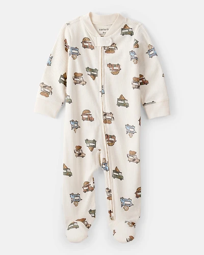 Baby Boy Truck Print Cotton Long-Sleeve Sleep & Play Pajamas - Ivory