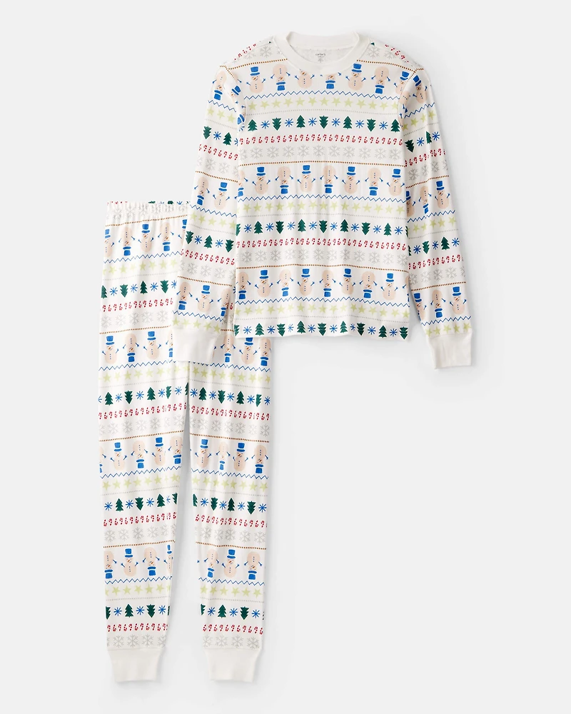 Adult Snowman Fair Isle 100% Cotton Long-Sleeve 2-Piece Pajamas - White