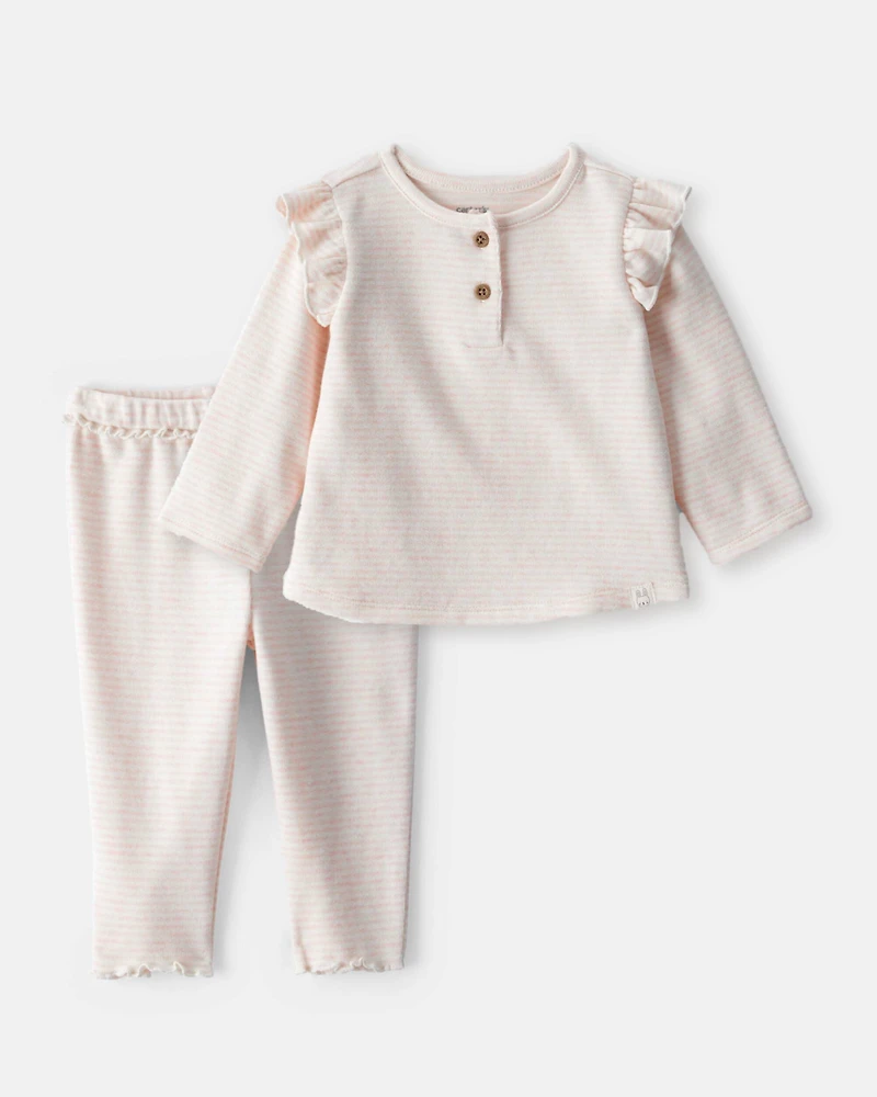 Baby Girl 2-Piece Striped Flutter-Sleeve Long-Sleeve Top & Pant Set - Pink/Cream