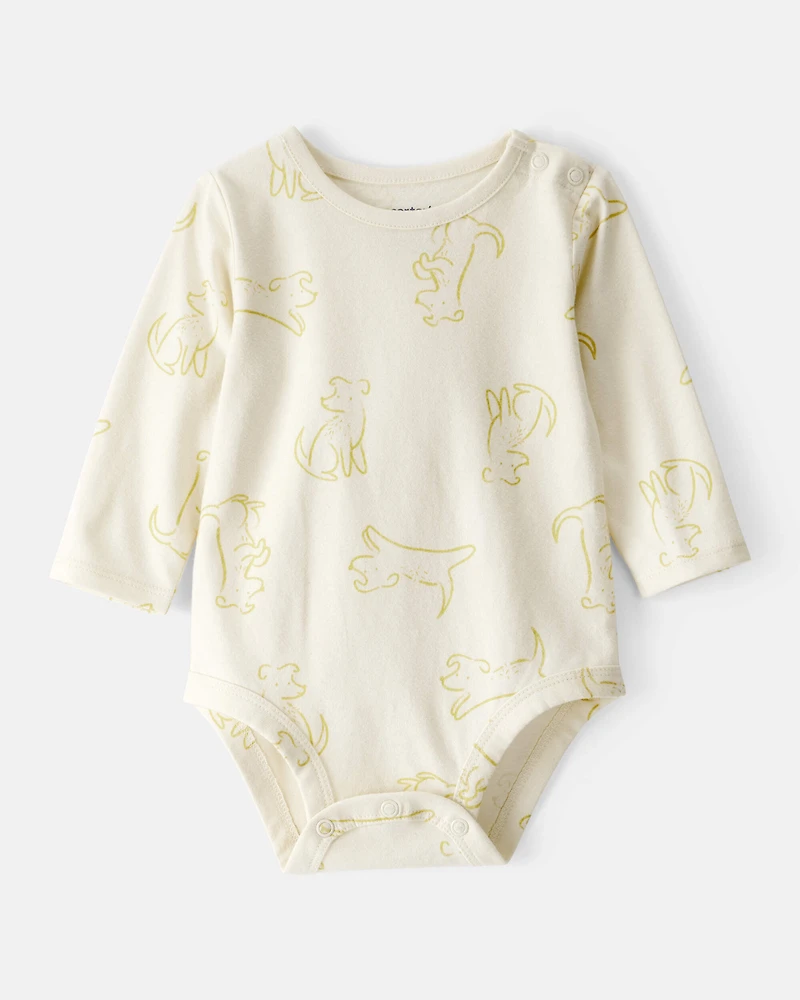 Baby Boy Dog Print Cotton Long-Sleeve Fashion Bodysuit - Ivory