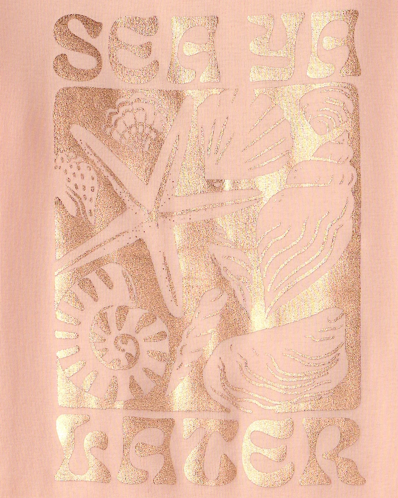 Girls Seashells 100% Cotton Short-Sleeve Snug Fit 4-Piece Pajama Set - Pink/Orange