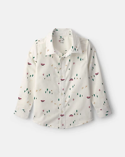 Boys Christmas Tree Long-Sleeve Button-Down Shirt - Cream