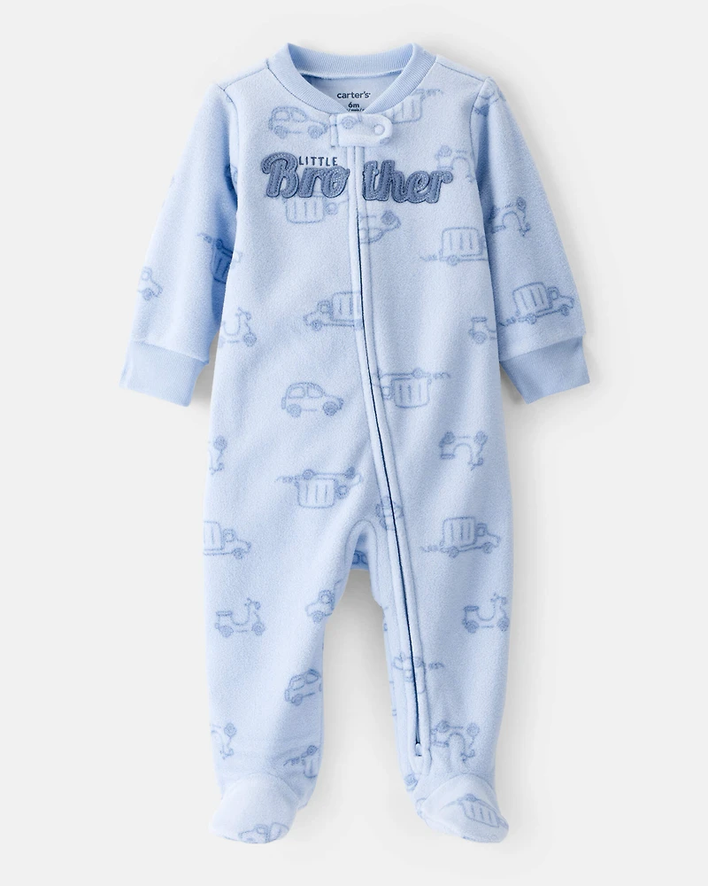 Baby Boy 'Little Brother' Car Print Fleece Sleep & Play Pajamas - Blue